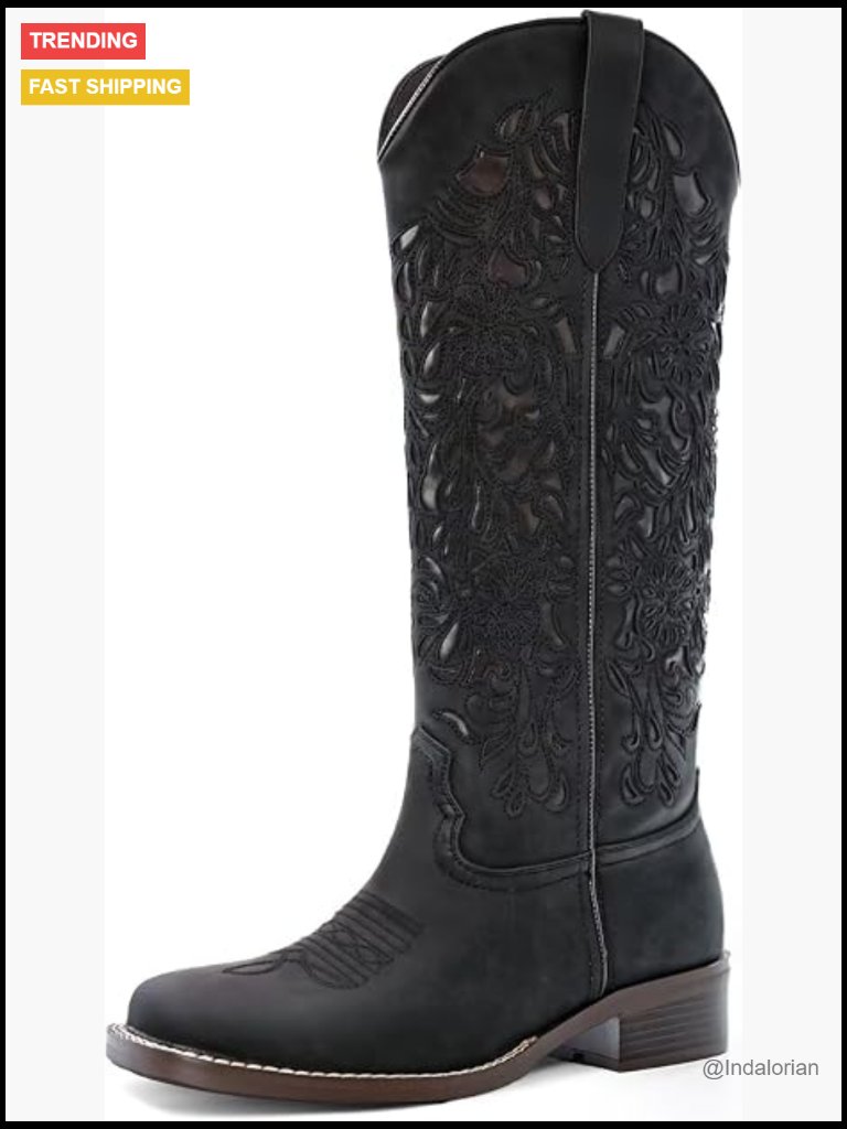 Cut Out Floral Embroidered Cowboy Boots Low Block Heel Pull-On Western Square